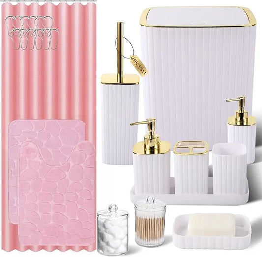 XLHOMO Bathroom Accessories Set- 25PC White Bathroom Set, Bathroom Set with Shower Curtain and Rugs, Pink Shower Curtain Set, Soap Dish & Trash Can - ModernBath
