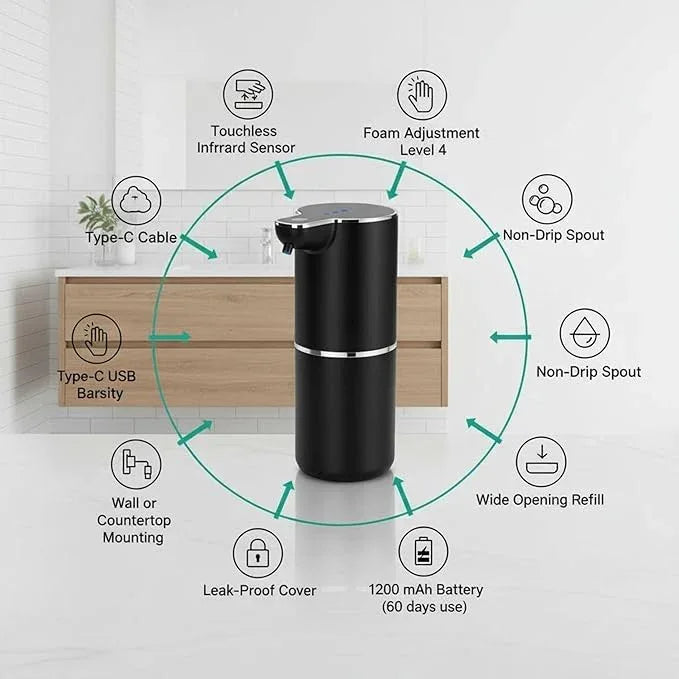 TOSCARA Auto Sensor Foam Soap Dispenser – Touchless, Rechargeable, Hands-Free Liquid Foaming Soap Dispenser for Kitchen, Bathroom, Office,Hotel–Hygienic No-Touch Hand Wash with 4- Foam Modes (Black) - ModernBath