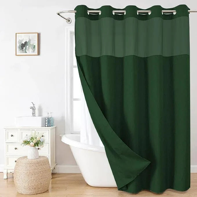 eachope Long No Hooks Needed Linen Textured Shower Curtain with Snap-in Fabric Liner Set,Hotel Luxury Decor Shower Curtains for Bathroom,Waterproof & Washable,71Wx80H,Emerald Green - ModernBath