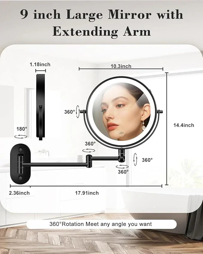 vpu 9" Wall Mounted Makeup Mirror with Light, 20X/1X Height Adjustable Double Sided Magnifying Bathroom Lighted Mirror, 3 Color Touch Dimmable Extended Arm 360 Rotation Light up Magnification Mirrors - ModernBath