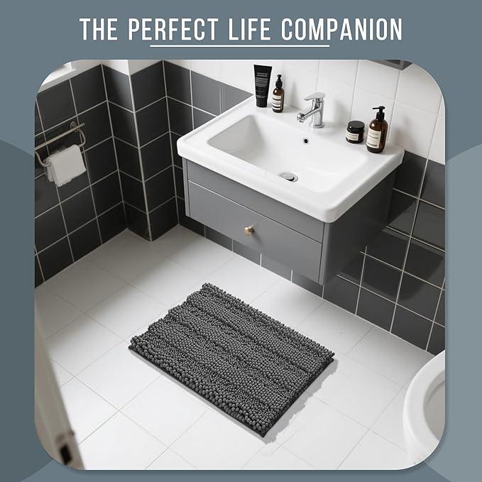 Yimobra Bathroom Rug Mat, Non Slip and Super Absorbent Bath Mat, Machine Washable Quick Dry, Ultra Plush Chenille Shower Rugs for Bathroom Floor Sink Tub and Shower Outside, Dark Gray, 24 x 17 - ModernBath