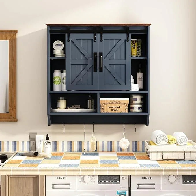 RUSTOWN Farmhouse Bathroom Wall Cabinet,3-Tier Rustic Wood Wall Mounted Cabinets,Vintage Medicine Cabinet with Sliding Barn Door and Adjustable Shelves,Over The Toilet Storage Cabinet (Navy Blue) - ModernBath