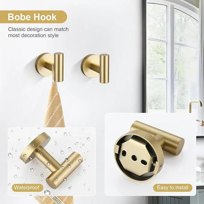 TQKAG 8-Pieces Bathroom Hardware Set Brushed Gold SUS304 Stainless Steel Bath Towel Bar Set 23.6 Inch Round Bathroom Accessories Kit Wall Mounted - ModernBath