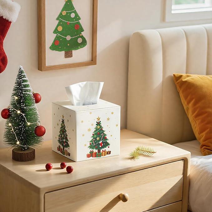 Luxspire Christmas Tissue Box Cover, 5.51" Square Tissue Box Cover with Magnetic Closure, Tissue Box Holder Christmas Decor for Living Room Bedroom Countertop Cars Hotels, Christmas Tree - ModernBath