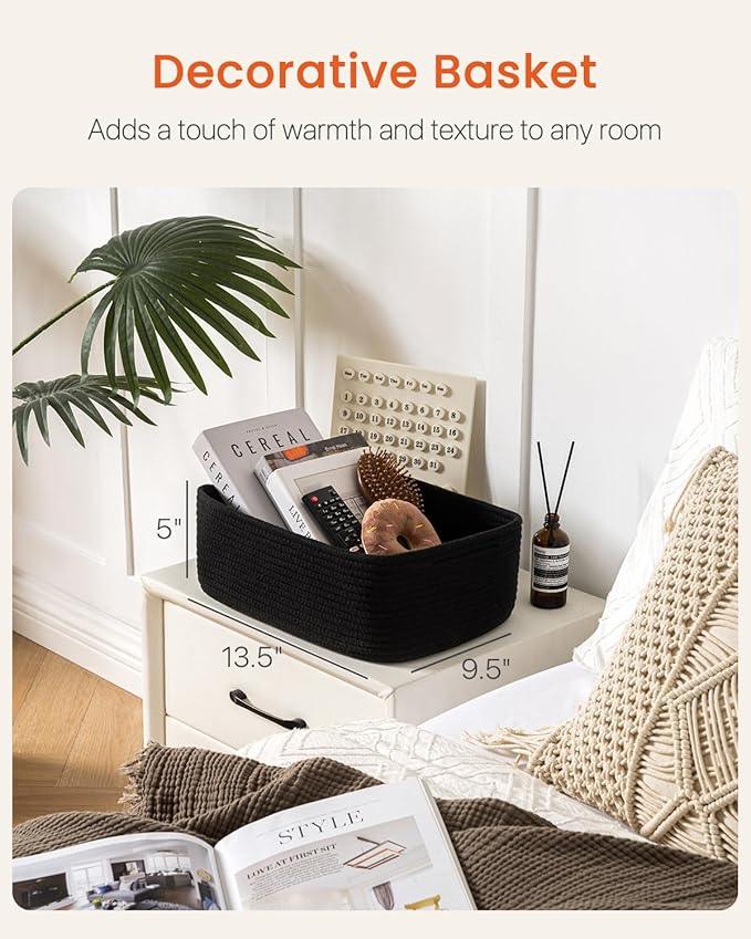 Small Woven Basket, 13.5 x 9.5 x 5 Inches, Storage Basket for Organizing, Cute Small Rope Shelf Closet Cube Storage Bins Baskets for Shelves, Dog Toy Gift Baskets Empty, 3 Packs, Black - ModernBath