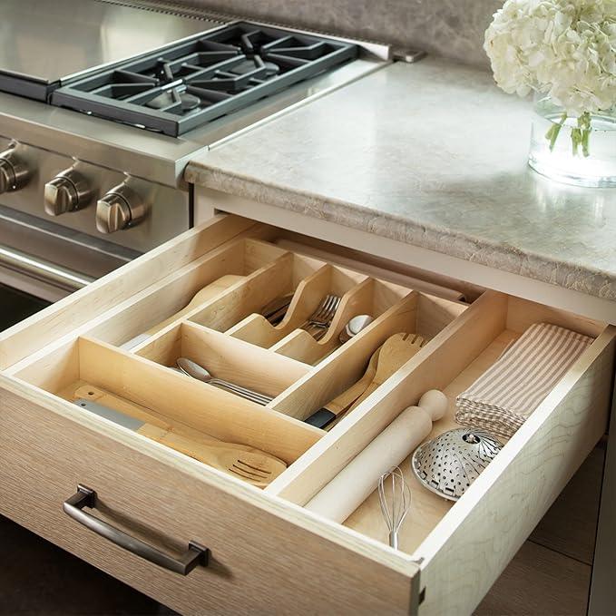 Rev-A-Shelf Trim-to-Fit Silverware Drawer Organizer for Kitchen Utensil Cutlery Cabinet Storage, Natural Maple Wood 9 Compartment Tray Insert, 4WCT-3 - ModernBath