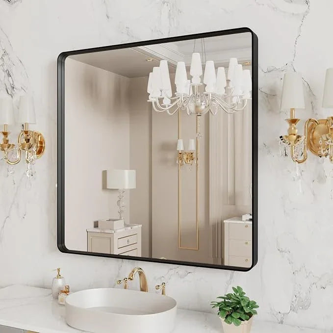 LOAAO 38x38 Inch Black Metal Framed Bathroom Mirror for Wall, Matte Black Bathroom Vanity Mirror Farmhouse, Large Rounded Rectangle Mirror, Anti-Rust, Tempered Glass, Hangs Horizontally or Vertically - ModernBath