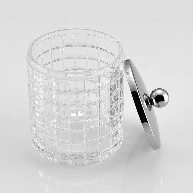 Indecor Home Glass Cotton Jar Holder Silver Lid, Elegant Bathroom Storage Canister for Qtips, Cotton Balls, Floss, Makeup Organizer, Vanity Bathroom Organization - ModernBath