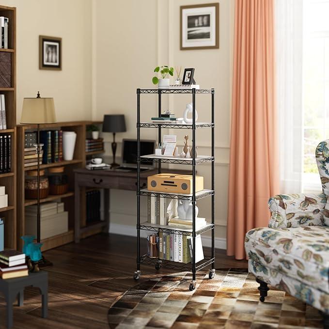Small 6 Tier Shelves Storage Wire Shelving Unit Metal Shelf Adjustable Organizers Storage Shelving with Wheels for Bathroom Laundry Room Kitchen Pantry12”D x 18”W x 61.6”H Black - ModernBath