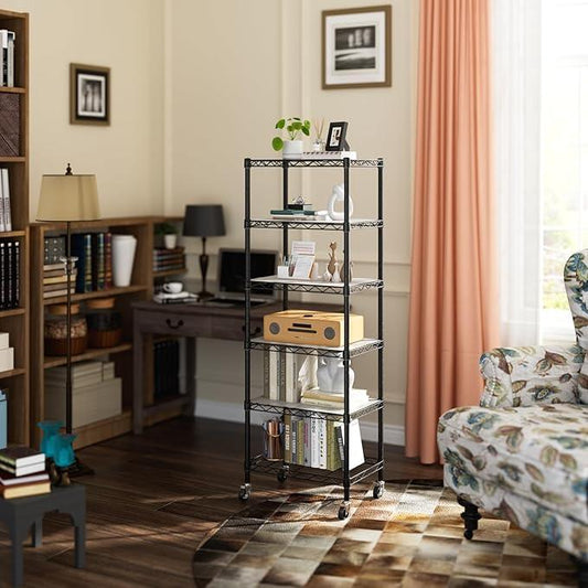 Small 6 Tier Shelves Storage Wire Shelving Unit Metal Shelf Adjustable Organizers Storage Shelving with Wheels for Bathroom Laundry Room Kitchen Pantry12”D x 18”W x 61.6”H Black - ModernBath