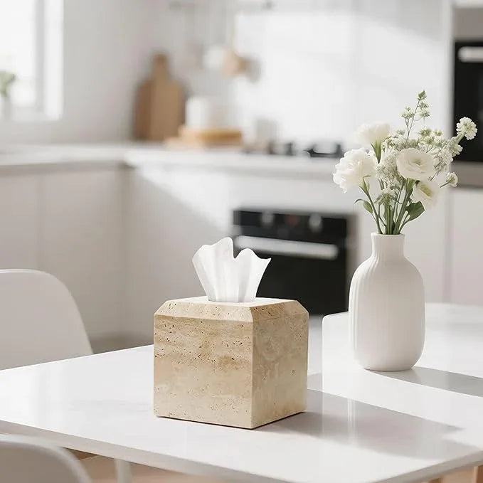 WORHE Tissue Box Cover Italy Natural Travertine Stone Heavy Duty Square Facial Toilet Paper Holder for Bathroom Living Room Bedroom Dresser Kitchen Minimalistic Office Home Decor Beige (TBC145WT) - ModernBath