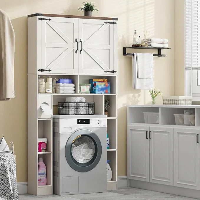 Over The Toilet Storage Cabinet, Farmhouse Storage Cabinet Over Toilet with 2 Barn Doors ，Toilet Paper Holder Stand，Home Space-Saving Toilet Rack, for Laundry, Restroom, Bathroom - ModernBath