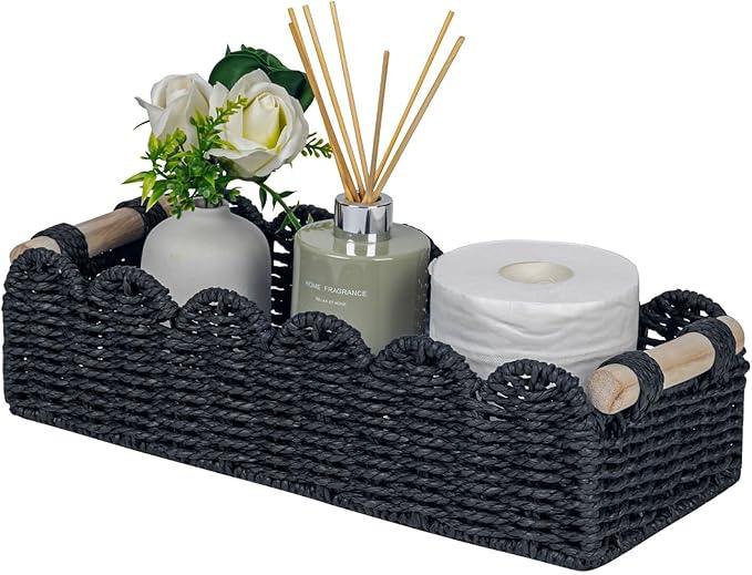 CubesLand Toilet Paper Storage Basket Scalloped Edge Home Decor Basket, Living Room Cozy Decor, Paper Rope Small Baskets for Over Toilet Storage Shelf, End Table, Shelves, with 2 Wooden Handles, Black - ModernBath