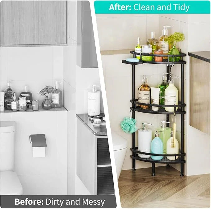 HapiRm Standing Corner Shower Caddy - 3 Tier Shower Organizer Corner with Soap Holder and 4 Hooks, Rustproof Bathroom Storage Shelves with Adhesives, Black - ModernBath