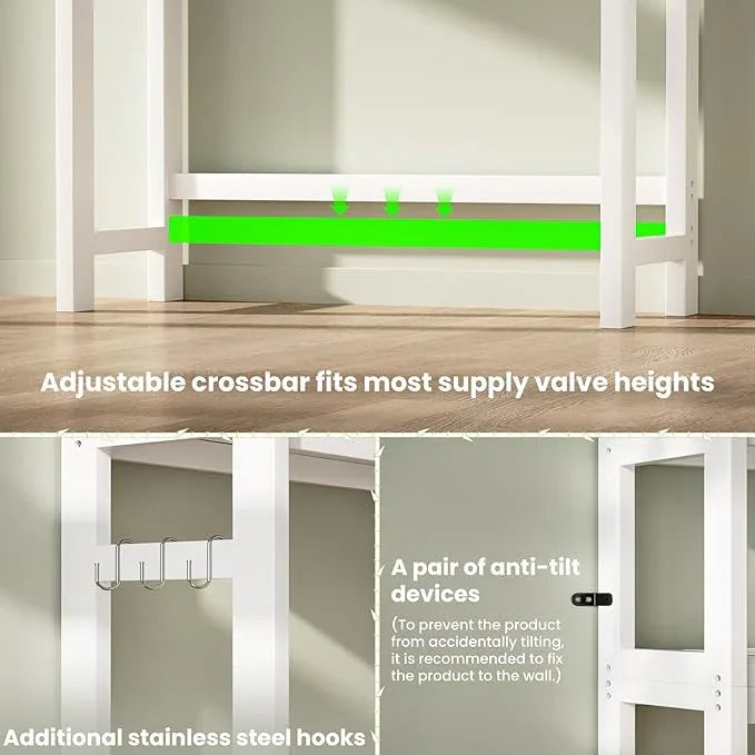 Homykic Over The Toilet Storage, Bamboo 3-Tier Over Toilet Bathroom Organizer with 3 Hooks, Freestanding Bathroom Shelves, Bathroom Organizer and Storage, Easy to Assemble, White - ModernBath