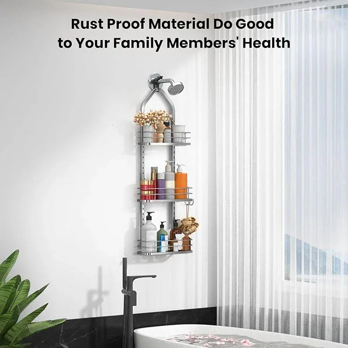 Shower Caddy Hanging (Silver), Adjustable Anti-Swing-Over The Shower Head Caddy, 3 Tier Height Bathroom Storage Organizer Bathroom Shelves Basket Rack Shower Caddies (3Tier) - ModernBath