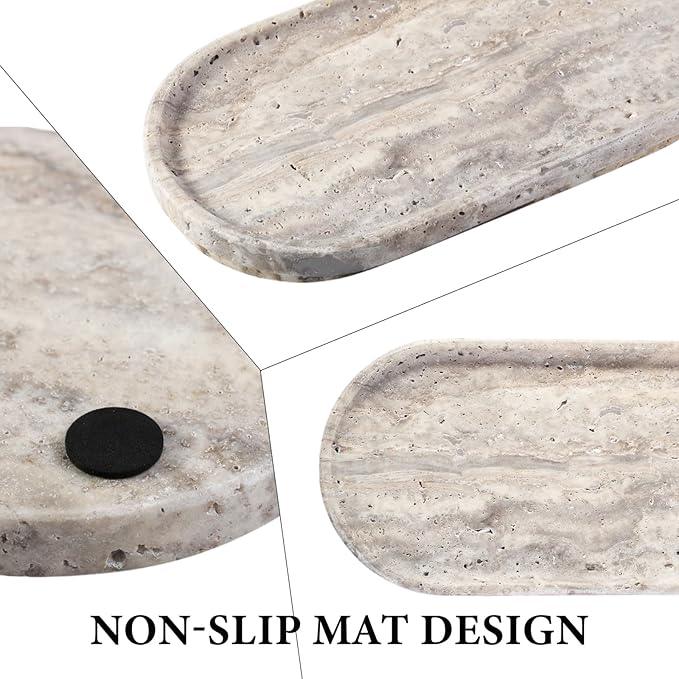 Koville Natural Travertine Tray for Bathroom Countertop, 12"x6" Vanity Decorative Marble Tray for Perfume, Candles, Jewelry, Stone Catchall Trays Jewelry Dish, Silver Stone Trays for Kitchen Counter - ModernBath