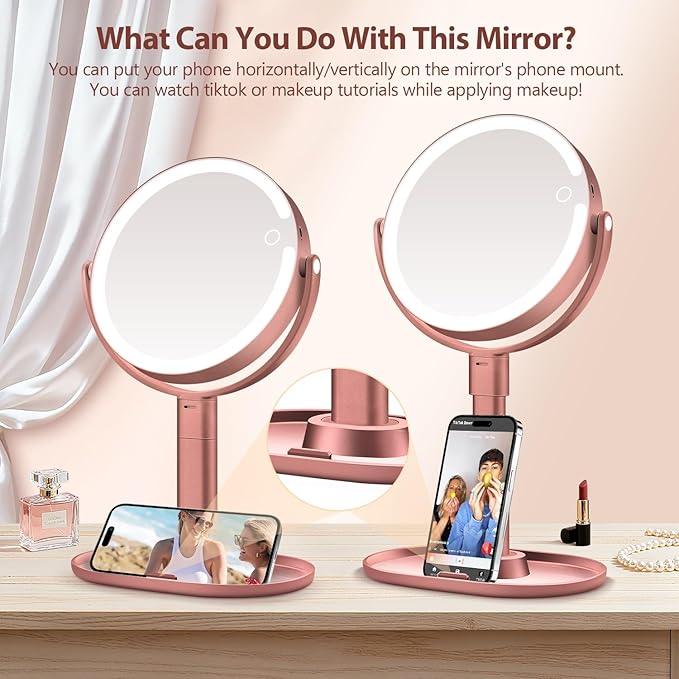 MIYADIVA Makeup Mirror with Lights, 30X Magnifying Mirror with Light and Touch Switch, Vanity Mirror with 3 Color Light and 80 LEDs, Height Adjustable Desk Mirror with Lights, Rose - ModernBath