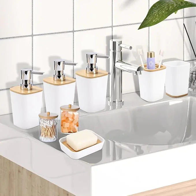 XLHOMO White Bathroom Accessories, Bathroom Accessories Set with Trash Can, Soap Dispenser, Toothbrush Holder, Toothbrush Cup, Soap Dish, Toilet Brush, Tray and Q-tip Holders for Housewarming - ModernBath