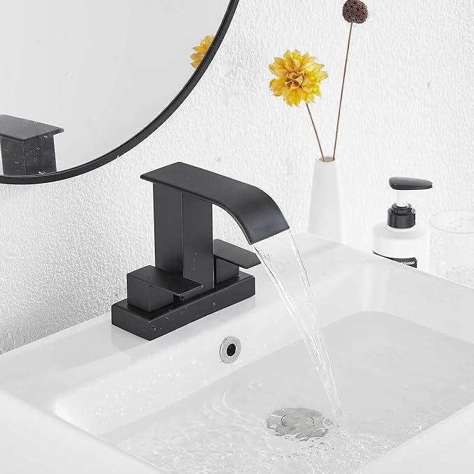 Bathroom Faucet Matte Black Modern GGStudy 2 Handles 4 Inches Centerset RV Black Waterfall Bathroom Vanity Faucet with Drain Assembly - ModernBath