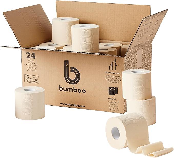 Bumboo Bamboo Toilet Roll 24 Pack | Unbleached Toilet Paper 3 ply, 300 Sheets | Eco Toilet Rolls | Plastic-Free, Soft, Strong & Sustainable Toilet Tissue, Beige - ModernBath