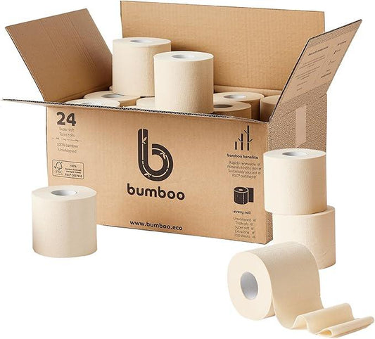 Bumboo Bamboo Toilet Roll 24 Pack | Unbleached Toilet Paper 3 ply, 300 Sheets | Eco Toilet Rolls | Plastic-Free, Soft, Strong & Sustainable Toilet Tissue, Beige - ModernBath
