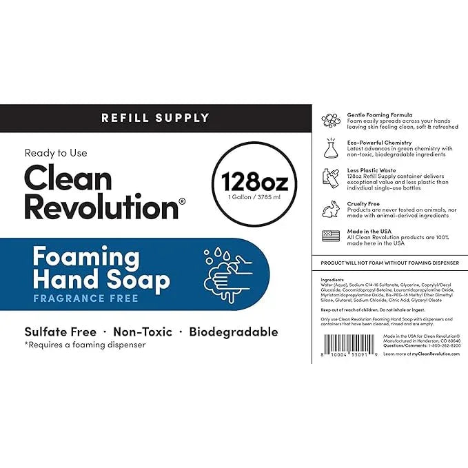 Clean Revolution Foaming Hand Soap Refill Supply Container, Ready to Use Formula, Gluten Free, Unscented and Fragrance Free, 128 Fl. Oz, 4 Pack - ModernBath