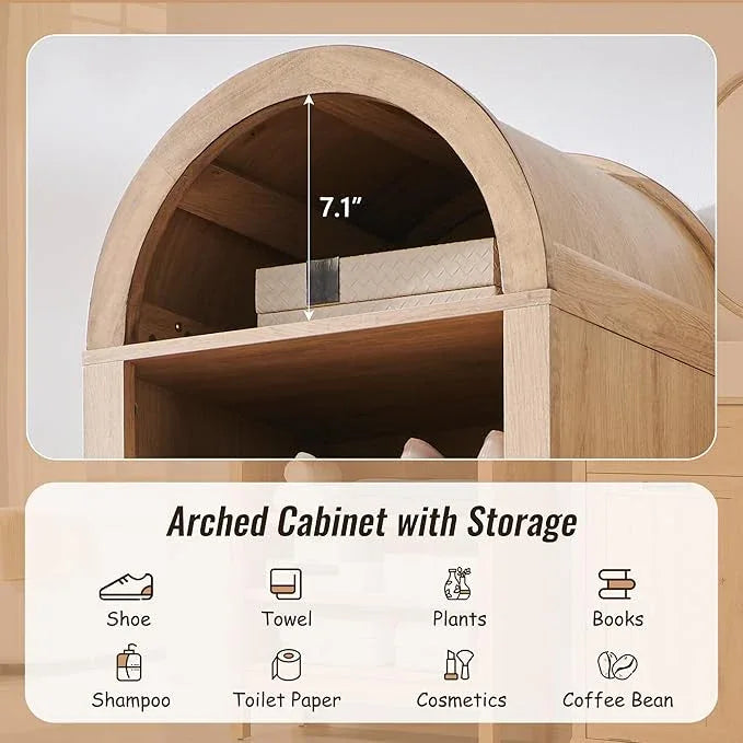 71" Tall Arched Bathroom Storage Cabinet, 8-Tier Modern Farmhouse Storage Cabinet with Adjustable Shelves, Wood Freestanding Cabinet for Bathroom, Living Room, Entryway, Hallway (Natural) - ModernBath