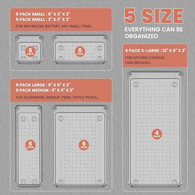 Large Clear Plastic Drawer Organizer 28 Pack - 5 Sizes (XL to small) Acrylic Drawer Organizer Trays for Kitchen Utensils, Gadgets, Bathroom, Vanity and Makeup, Office - Everything Can Be Organized! - ModernBath