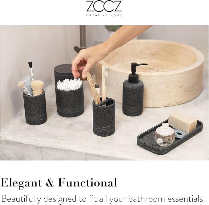 ZCCZ Black Stone Bathroom Accessories Set 6 Pieces - Toothbrush Holder, Lotion Dispenser, Qtip Container, Vanity Tray, Tumbler - Countertop Organizer for Bathrooms - Elegant and Functional Décor Set - ModernBath