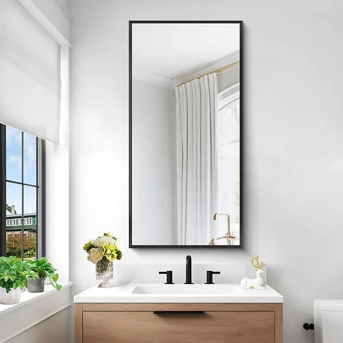 BONEWEI Bathroom Mirror,24x48 inch Wall Mirror for Bathroom Wall Mounted Black Rectangle Square Corner Mirrors, Black Bathroom Mirror for Living Room, Farmhouse, Bedroom Entryway, Horizontal/Vertical - ModernBath