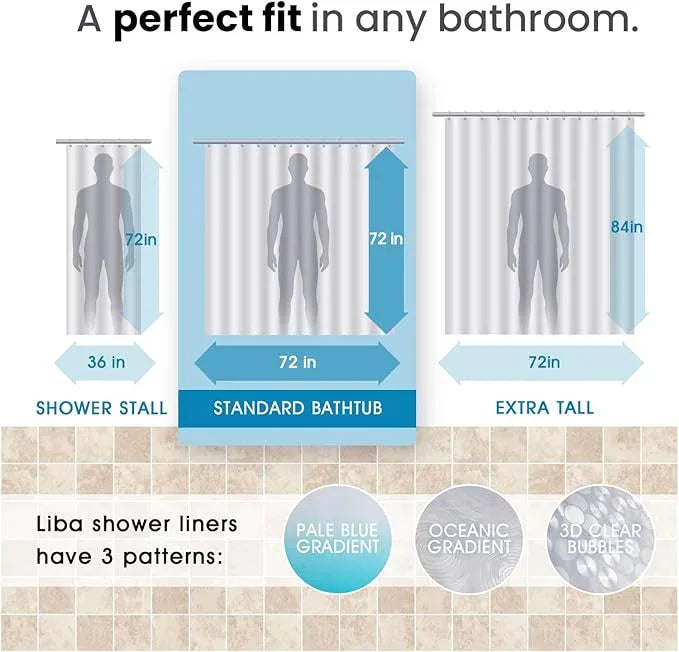 LiBa PEVA Shower Curtain Liner with 12 Plastic Rings, 8G Waterproof Shower Liner, 72x72 Inch Clear Shower Curtain with Magnets, Weighted Bathroom, 3D Clear Bubbles Pattern - ModernBath