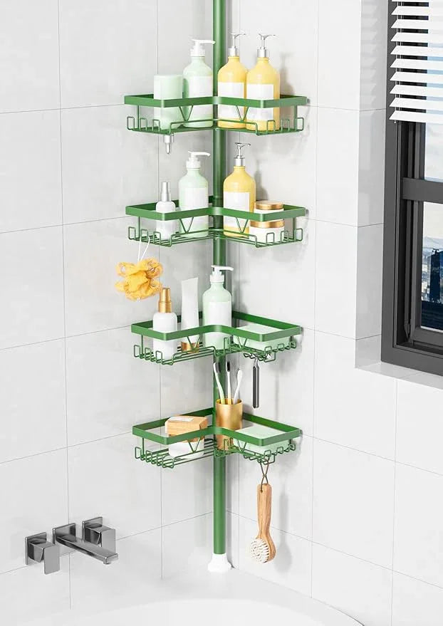 KEGII Shower Caddy Tension Pole, 4-Tier Rustproof Adjustable Corner Bathroom Organizer for Renters, 25–114.2 Inch No Drill Space-Saving Shower Storage Rack, Emerald Green - ModernBath