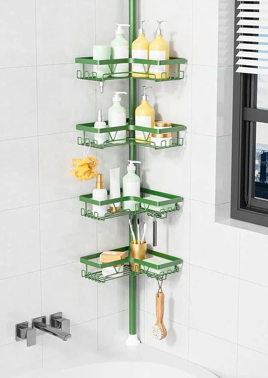 KEGII Shower Caddy Tension Pole, 4-Tier Rustproof Adjustable Corner Bathroom Organizer for Renters, 25–114.2 Inch No Drill Space-Saving Shower Storage Rack, Emerald Green - ModernBath