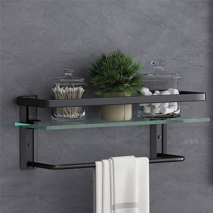 VOLPONE Bathroom Glass Shelf with Towel Bar Black Bathroom Shelf Wall Mount Rustproof Bathroom Wall Organizer Towel Rails1 Tier (Black) - ModernBath