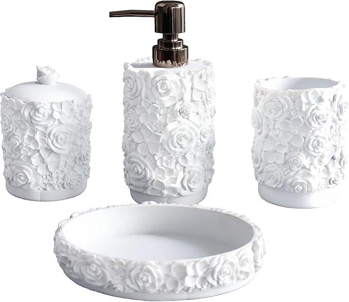 Hymmah Bathroom Accessories Set,Rose Design Bathroom Set,Farmhouse Bathroom Decor,4 Pcs Resin Gift Set Apartment Necessities, Contain Cotton Swab Jar,Soap Dispenser,Soap Dish,Tumbler White - ModernBath