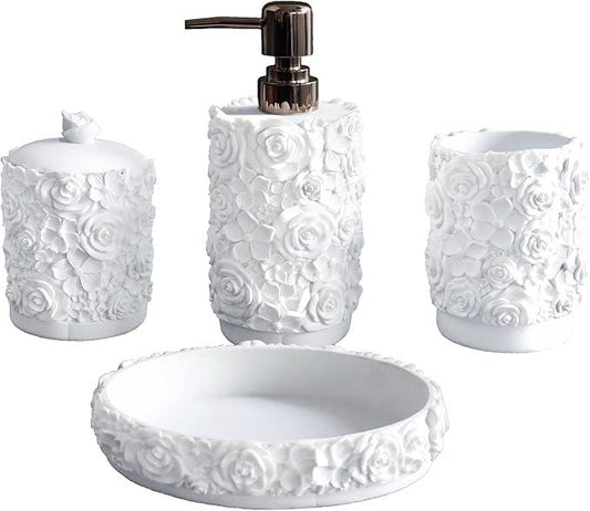 Hymmah Bathroom Accessories Set,Rose Design Bathroom Set,Farmhouse Bathroom Decor,4 Pcs Resin Gift Set Apartment Necessities, Contain Cotton Swab Jar,Soap Dispenser,Soap Dish,Tumbler White - ModernBath