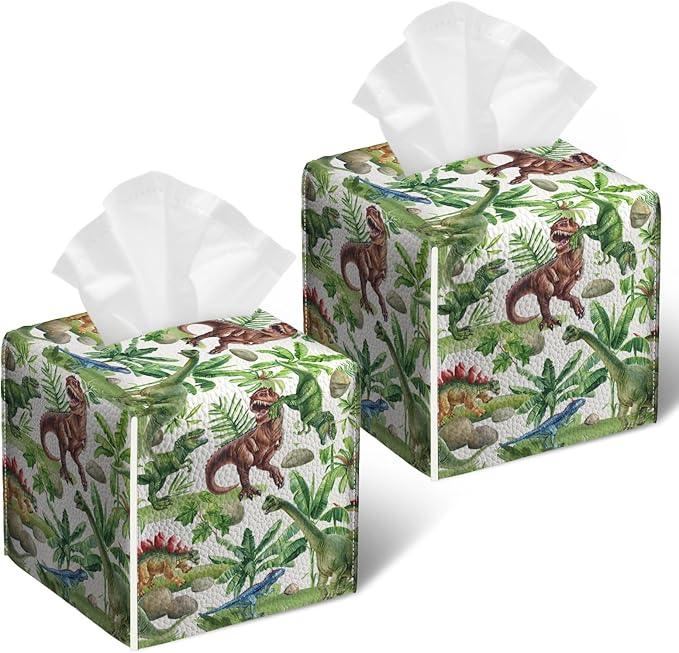Dinosaur Tissue Box Cover 2PCS, Leather Tissue Box Holder Square Facial Paper Case Tissue Box Cube Organizer for Bathroom Bedroom Desk Office - ModernBath