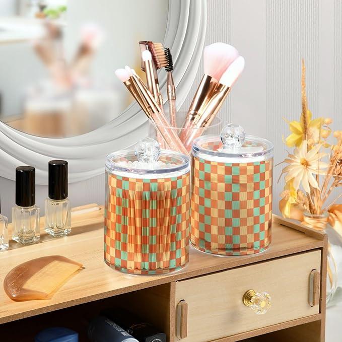 Tatenale Qtip Holder Bathroom Set Q tip Cotton Ball Swab Pad Dispenser Container Organizer Plastic Jars with Lids Storage 2Pack Retro Groovy Checkered - ModernBath