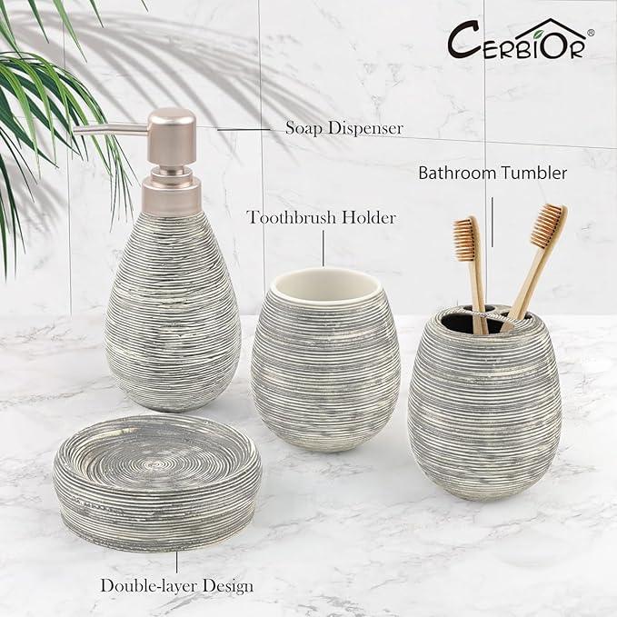 CERBIOR Bathroom Accessories Set,4 Pcs Ceramic Bathroom Decor Accessory,Includes Toothbrush Holder, Toothbrush Cup, Soap Dish for Decorative Countertop and Housewarming Gift(Grey 4pcs) - ModernBath