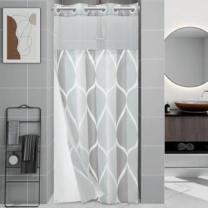 Yiatn No Hook Grey Small Stall Shower Curtain with Snap in Fabric Liner Set - Hotel Style with See Through Mesh Top Window, Modern Geometric Waterdrop Design,Waterproof and Washable, 36x74 INCH - ModernBath