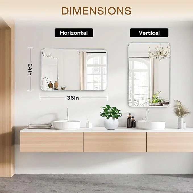 Minuover Wall Mount Mirror for Bathroom, Brushed Silver Metal Framed Rounded Corner Rectangular Vanity Mirror (24" x 36", Silver) - ModernBath