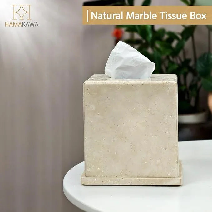 HAMAKAWA Natural Marble Tissue Box Cover, Beige Tissue Organizer 6 x 6 x 6 Inch, Heavy Stone Decorative Box, Square Tissue Box Holder for Home Decor, Kitchen, Bathroom, Bedroom - ModernBath