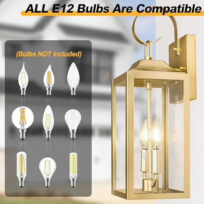 19" Gold Outdoor Wall Lantern 2-Light, Large Modern Wall Sconce Light Fixture, Industrial Porch Light with Glass, Waterproof Farmhouse Exterior Lamp (1 Pack) - ModernBath
