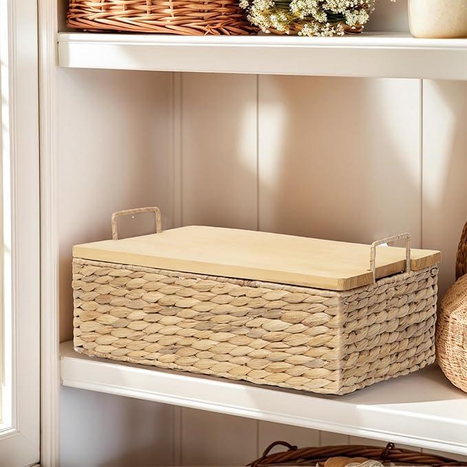 Handmade Water Hyacinth Woven Storage Basket with Lid, Multi - Functional Wicker Organizing Baskets (Small) - ModernBath