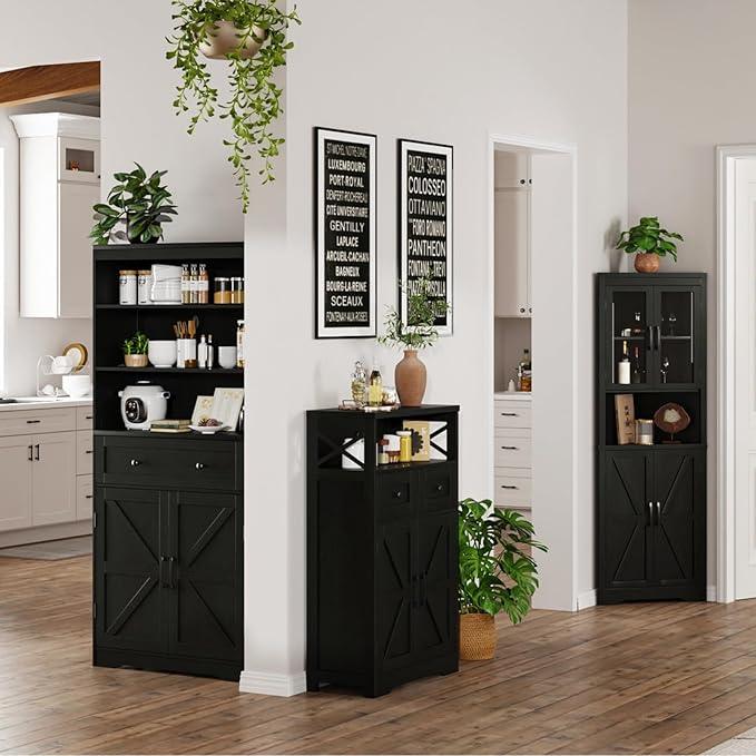 Black Farmhouse Kitchen Pantry Cabinet With Doors and Shelves, Coffee Bar Storage, Freestanding Floor Hutch Cupboard for Kitchen, Laundry, Living Room - ModernBath