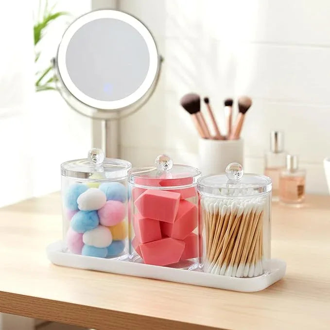 Amazing Abby - Catalina - Clear Acrylic Bathroom Canister with White Tray (4-Piece Set), Plastic Apothecary Jars with Lids, Bathroom Organizers for Q-tips, Cotton Balls, Floss Picks, Sponges, and More - ModernBath