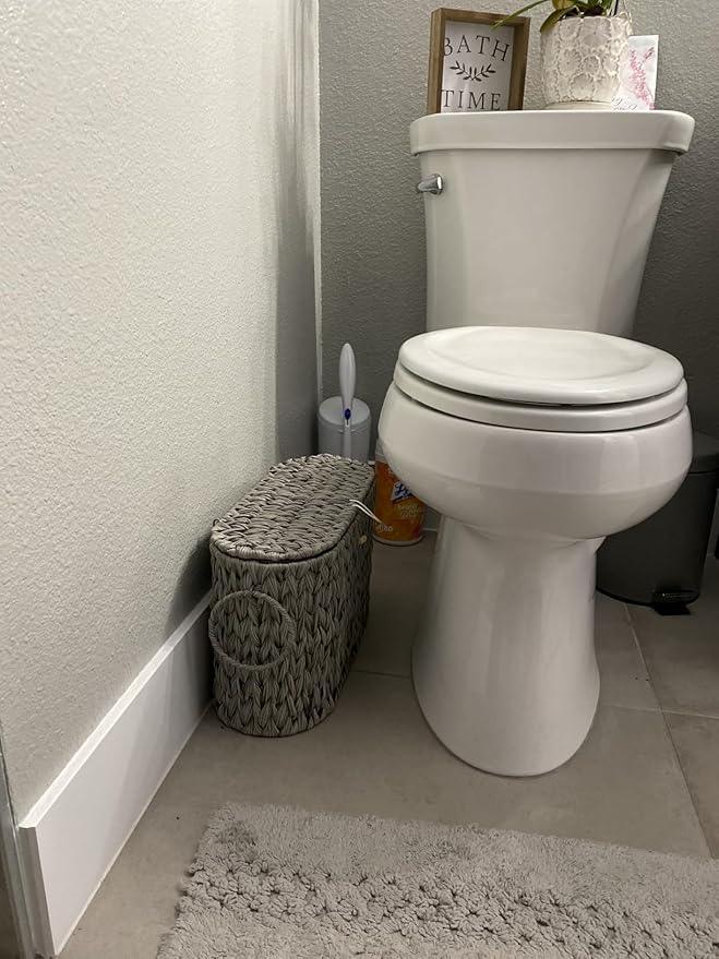 Toilet Paper Storage Basket with Lid,Wicker Toilet Paper Holder Stand,Narrow Decorative Woven Bathroom Basket Organizer,Free Standing Grey - ModernBath