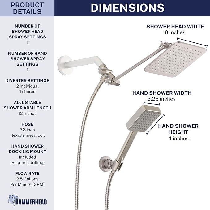 HammerHead® Solid Metal Dual Shower Head Combo — 8" Square Rain Shower Head with Handheld, 12" Adjustable Arm & Wall-Mount Holder for Flexible Installation — Brushed Nickel - ModernBath