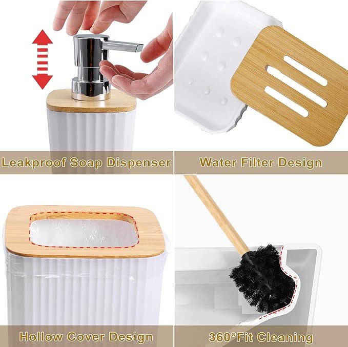 XLHOMO 24Pcs White and Gold Bathroom Set with Shower Curtain and Rug, White Bathroom Sets Complete with Trash Can,Soap Dispenser,Soap Dish,Toilet Brush,Toothbrush Holder and Cup,Tray,Q-Tip Holders - ModernBath